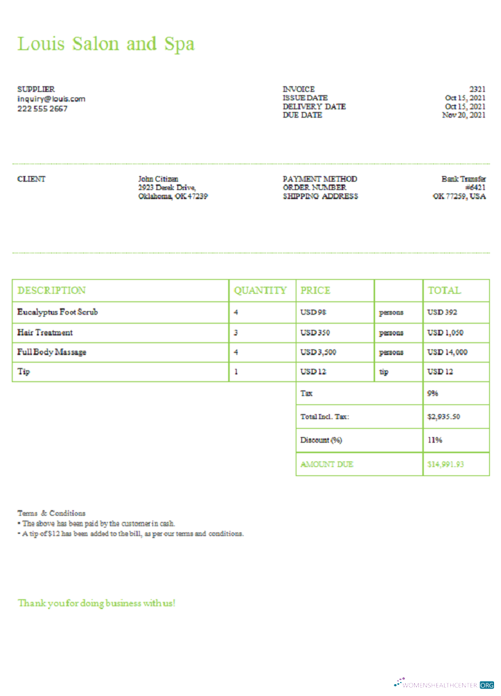 Download USA Louis Salon and Spa invoice Photoshop template
